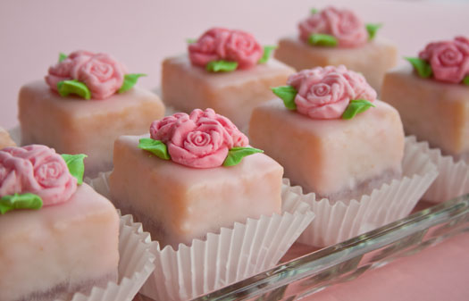 Petit Fours decorated with fondant roses • CakeJournal.com